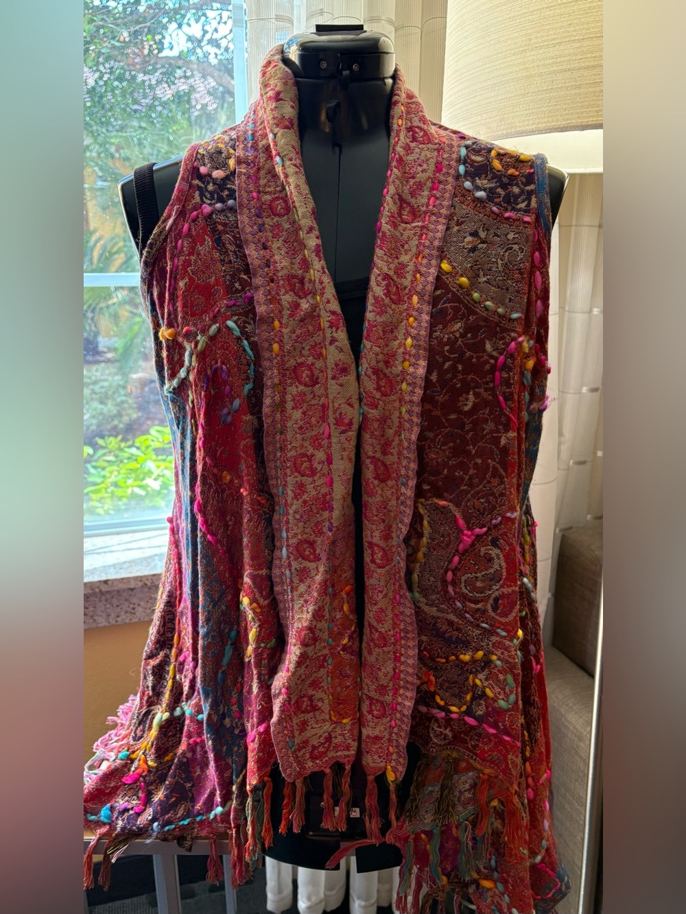Soft Surroundings Colorful Long Duster Vest  Patterned Kimono With Fringe OS in